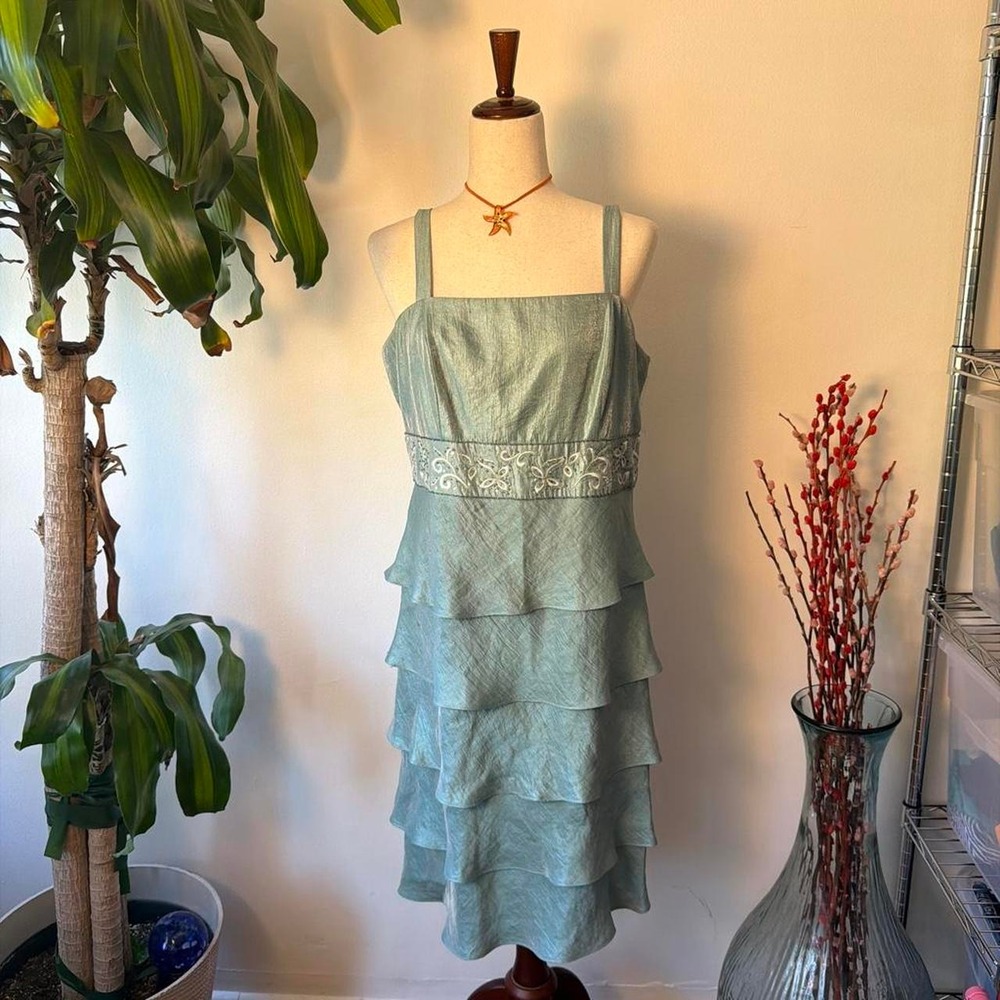 R & M Collection Aqua Blue Beaded Sequin Tiered Formal Dress 14